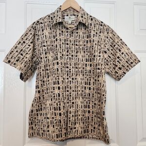 Island Shores Geometric Print Pointed Collar Button Down Tan Men's Shirt  Size L